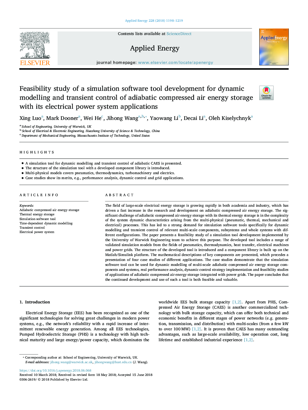 Feasibility study of a simulation software tool development for dynamic modelling and transient control of adiabatic compressed air energy storage with its electrical power system applications