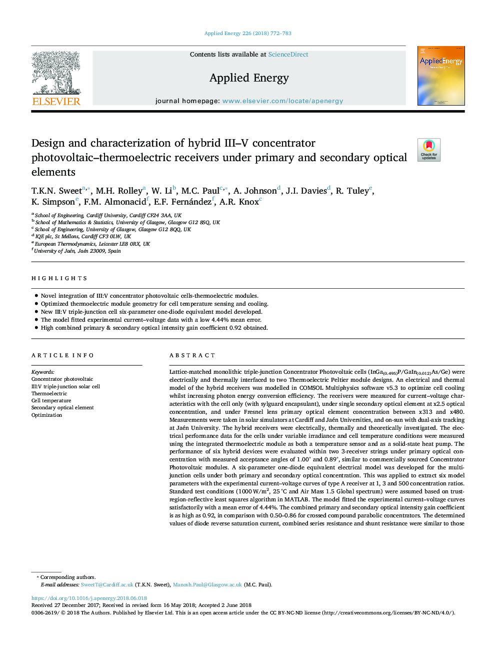 عکس صفحه اول مقاله: Design and characterization of hybrid III-V concentrator photovoltaic-thermoelectric receivers under primary and secondary optical elements Design and characterization of hybrid III-V concentrator photovoltaic-thermoelectric receivers under primary and secondary optical elements
