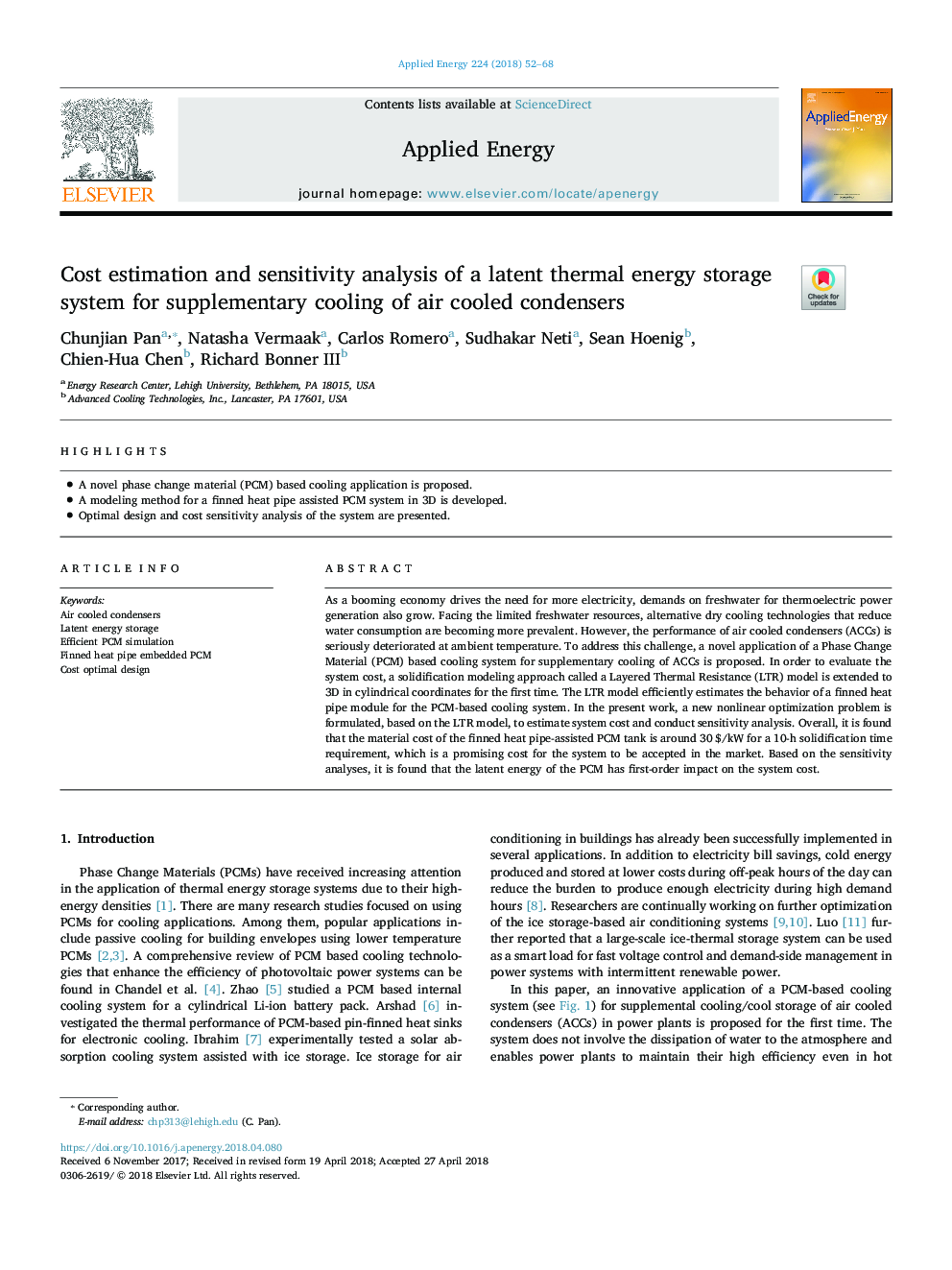 Cost estimation and sensitivity analysis of a latent thermal energy storage system for supplementary cooling of air cooled condensers