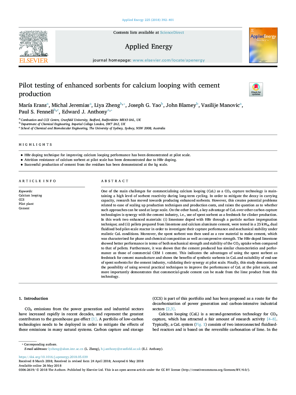 Pilot testing of enhanced sorbents for calcium looping with cement production