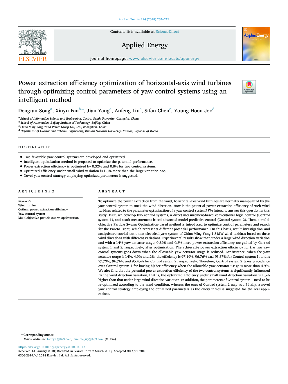 Power extraction efficiency optimization of horizontal-axis wind turbines through optimizing control parameters of yaw control systems using an intelligent method