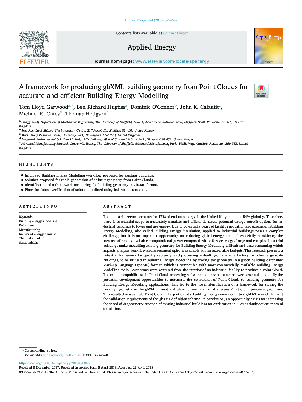 A framework for producing gbXML building geometry from Point Clouds for accurate and efficient Building Energy Modelling