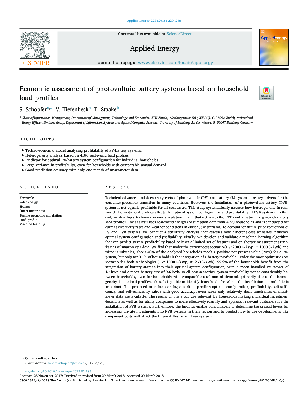 Economic assessment of photovoltaic battery systems based on household load profiles