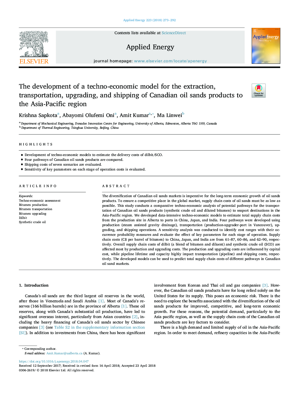 The development of a techno-economic model for the extraction, transportation, upgrading, and shipping of Canadian oil sands products to the Asia-Pacific region