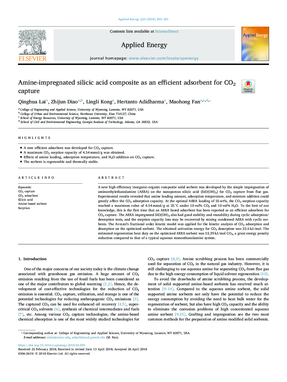 Amine-impregnated silicic acid composite as an efficient adsorbent for CO2 capture