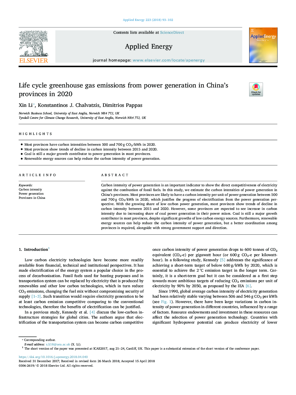 Life cycle greenhouse gas emissions from power generation in China's provinces in 2020