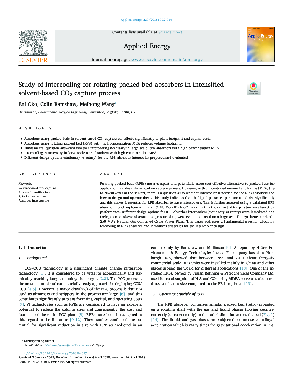 Study of intercooling for rotating packed bed absorbers in intensified solvent-based CO2 capture process