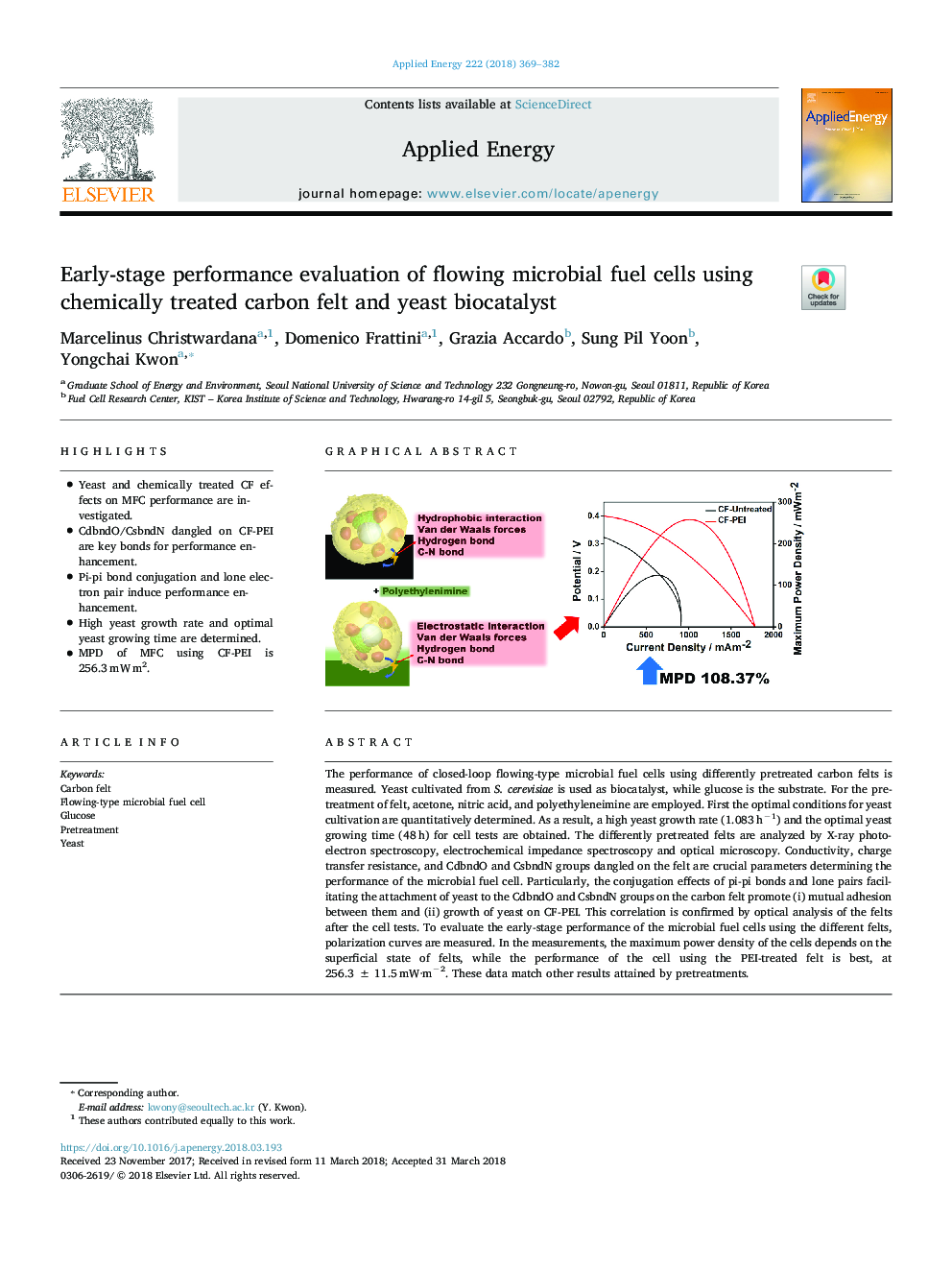 Early-stage performance evaluation of flowing microbial fuel cells using chemically treated carbon felt and yeast biocatalyst