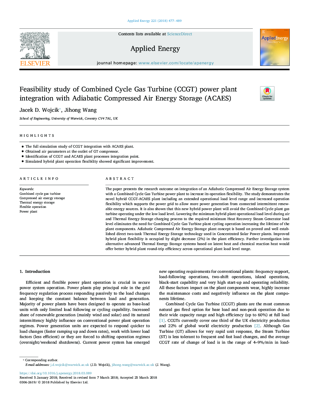 Feasibility study of Combined Cycle Gas Turbine (CCGT) power plant integration with Adiabatic Compressed Air Energy Storage (ACAES)