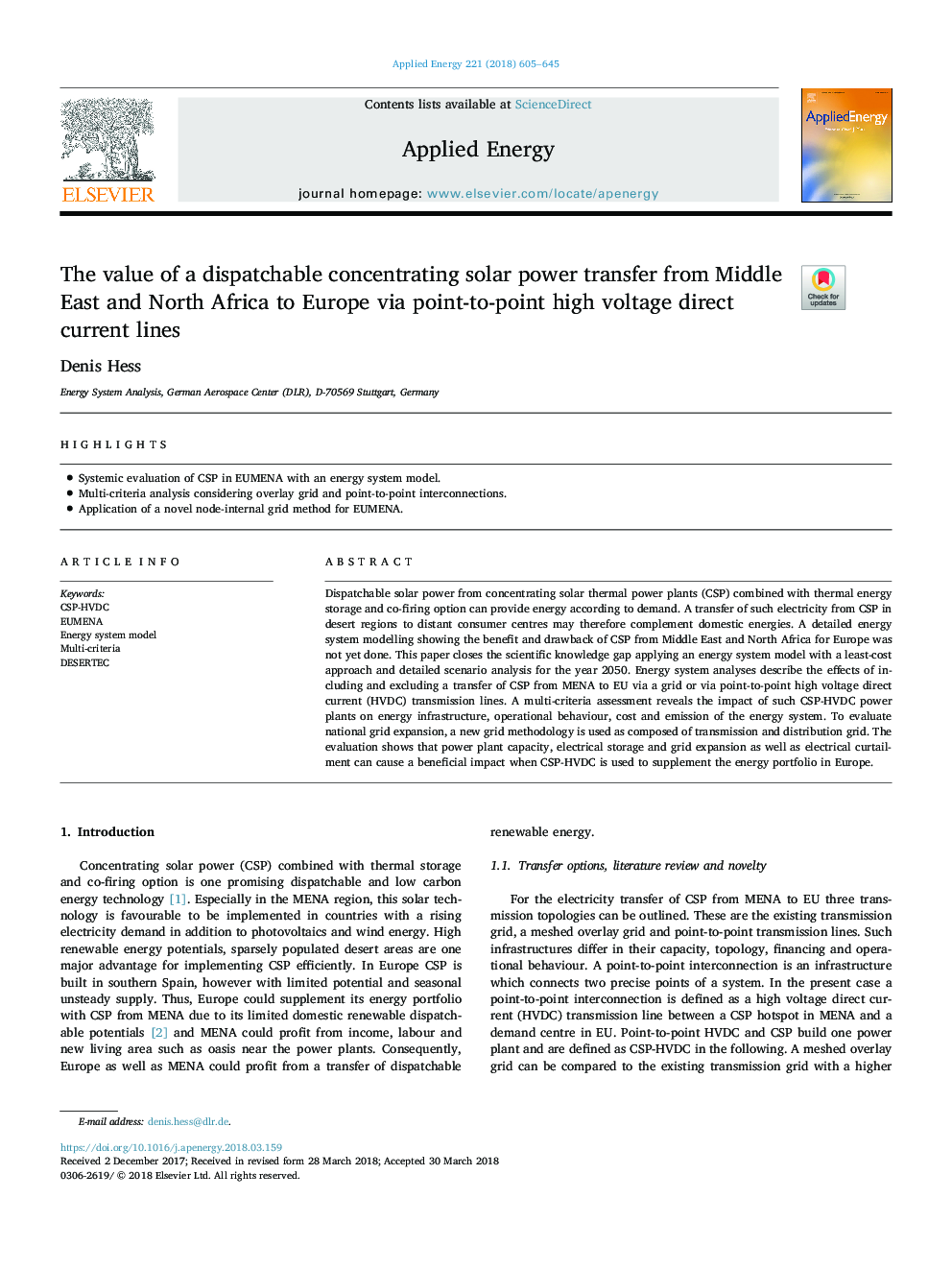 The value of a dispatchable concentrating solar power transfer from Middle East and North Africa to Europe via point-to-point high voltage direct current lines