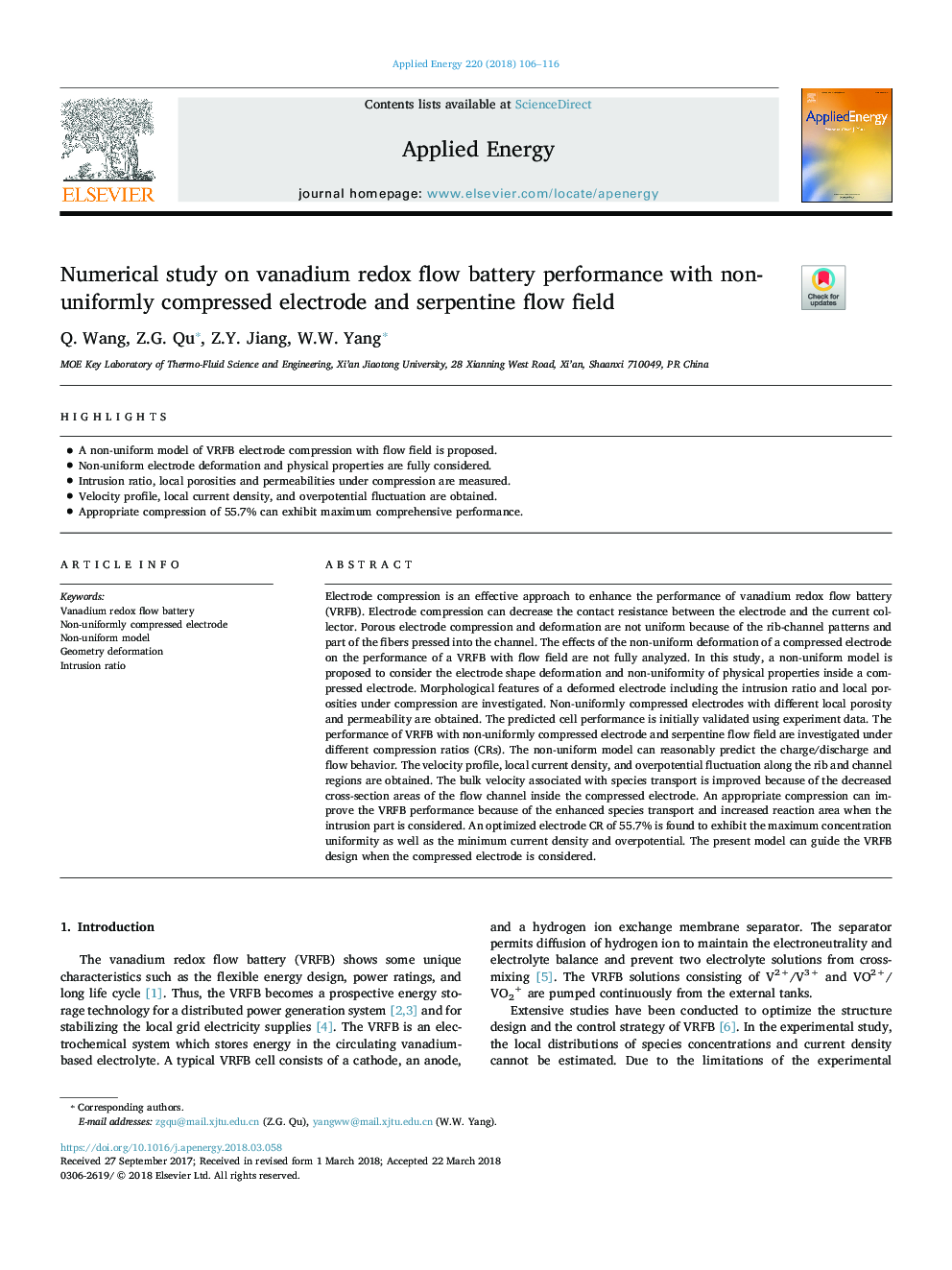 Numerical study on vanadium redox flow battery performance with non-uniformly compressed electrode and serpentine flow field