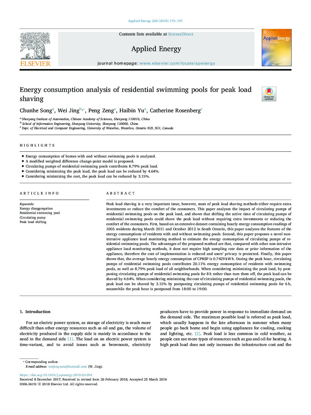 Energy consumption analysis of residential swimming pools for peak load shaving