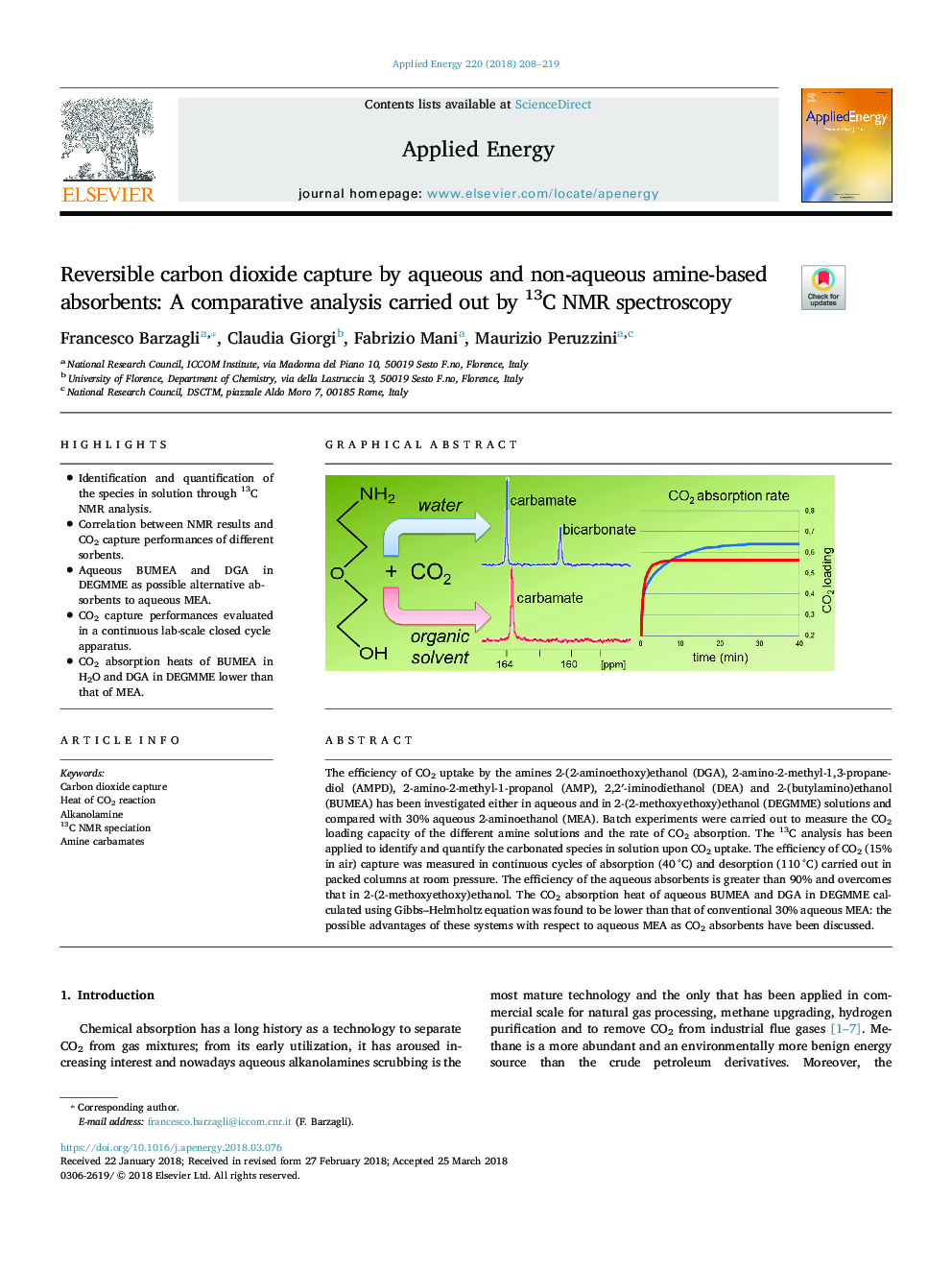 Reversible carbon dioxide capture by aqueous and non-aqueous amine-based absorbents: A comparative analysis carried out by 13C NMR spectroscopy