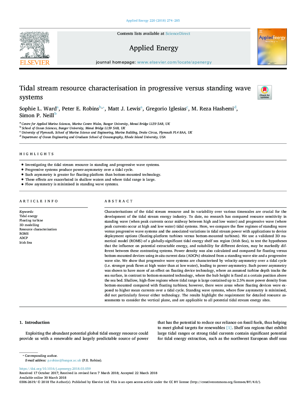 Tidal stream resource characterisation in progressive versus standing wave systems