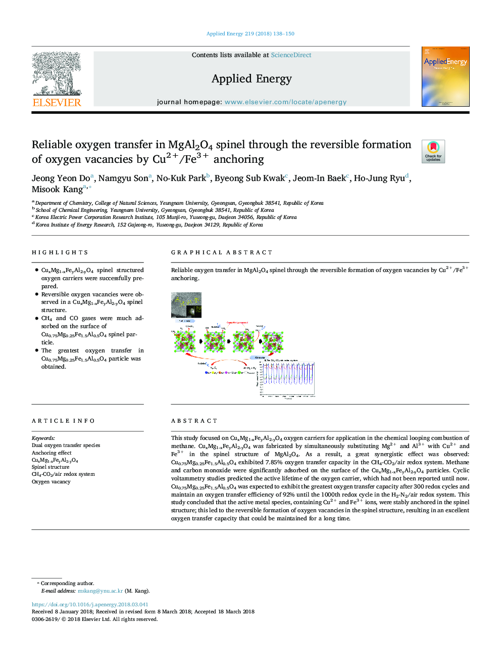 Reliable oxygen transfer in MgAl2O4 spinel through the reversible formation of oxygen vacancies by Cu2+/Fe3+ anchoring