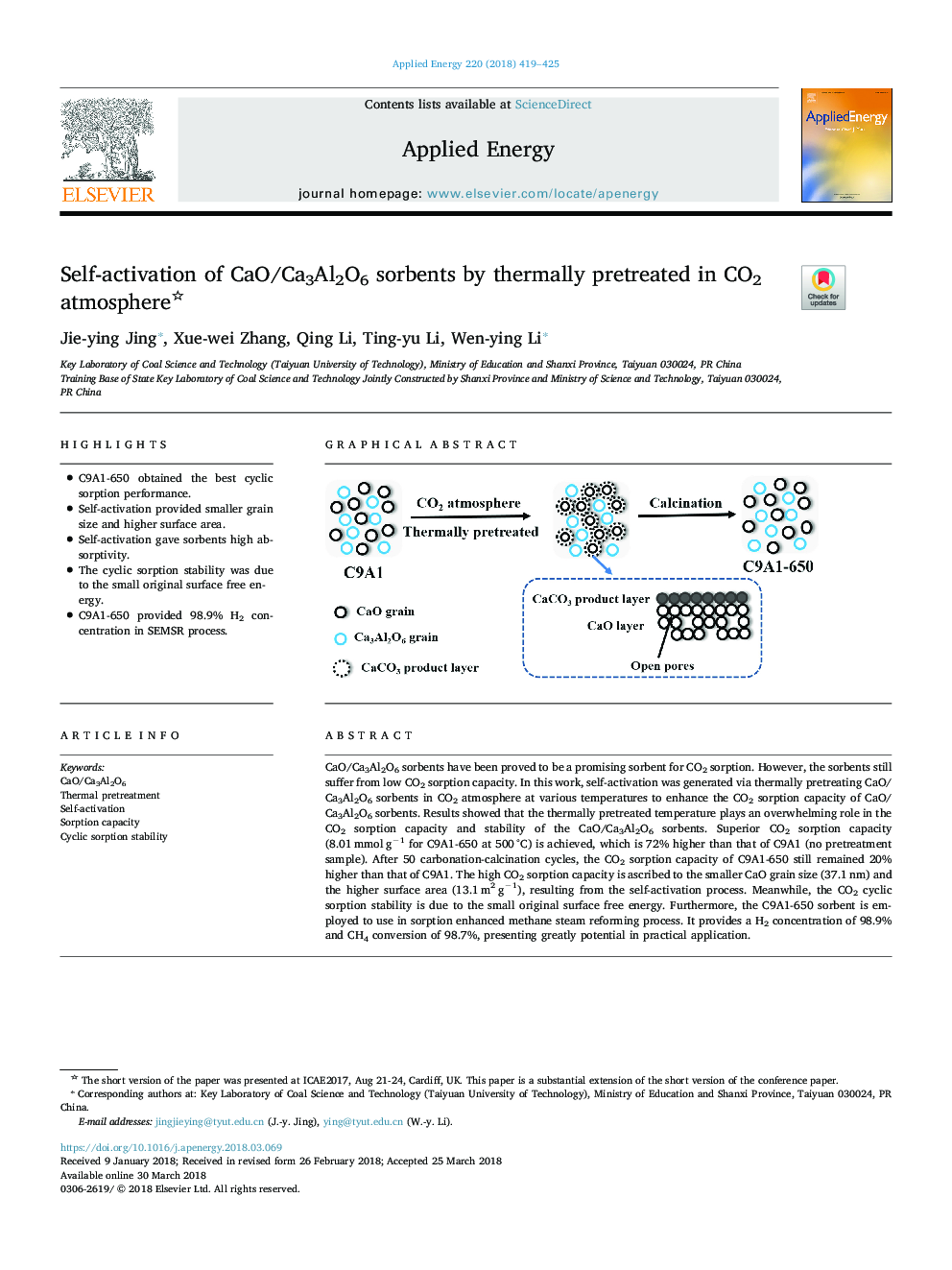 Self-activation of CaO/Ca3Al2O6 sorbents by thermally pretreated in CO2 atmosphere