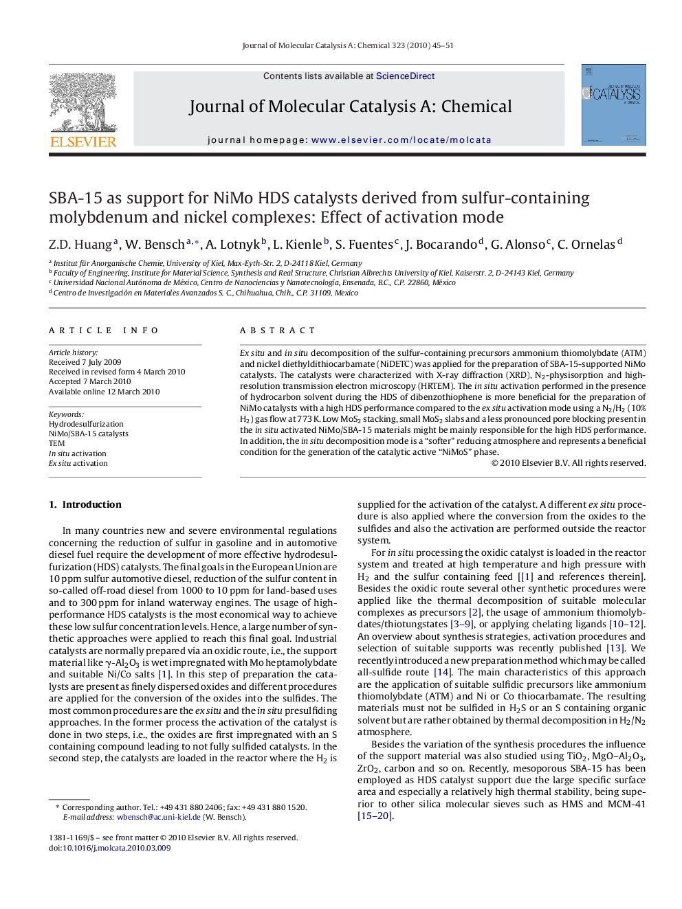 SBA-15 as support for NiMo HDS catalysts derived from sulfur-containing molybdenum and nickel complexes: Effect of activation mode