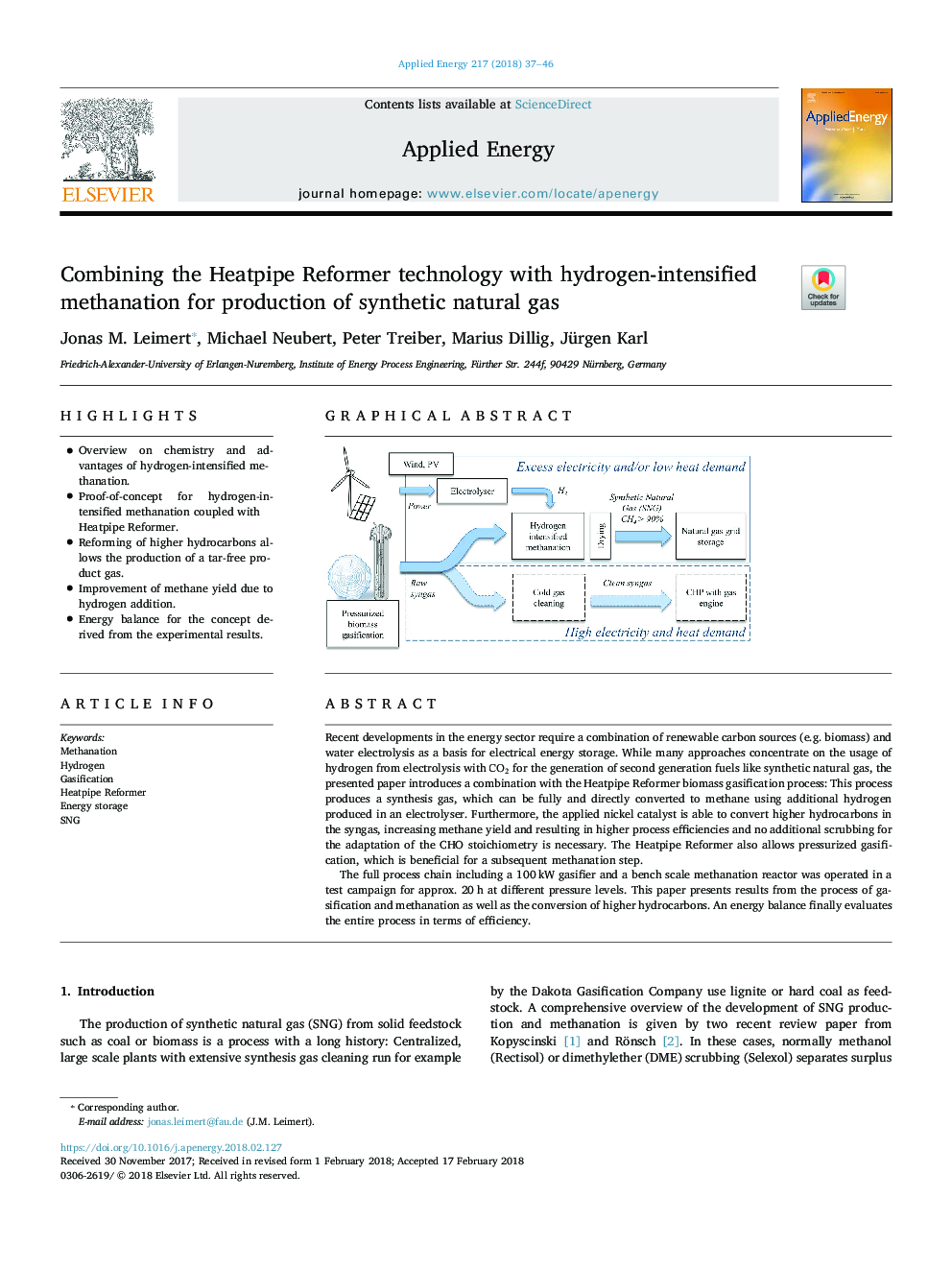 Combining the Heatpipe Reformer technology with hydrogen-intensified methanation for production of synthetic natural gas