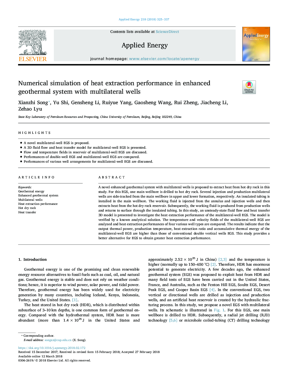 Numerical simulation of heat extraction performance in enhanced geothermal system with multilateral wells