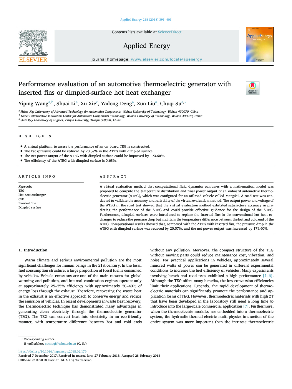 Performance evaluation of an automotive thermoelectric generator with inserted fins or dimpled-surface hot heat exchanger