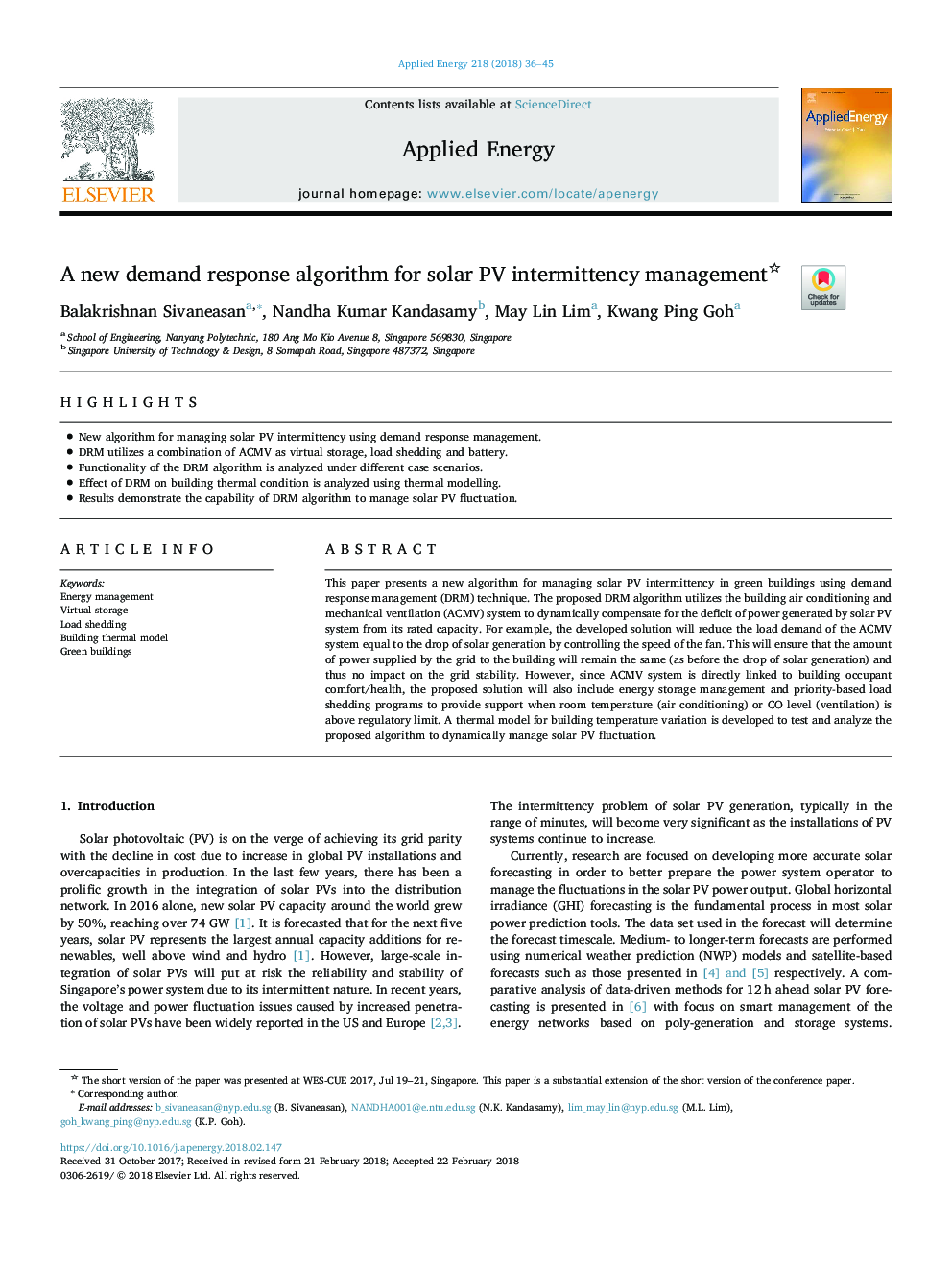 A new demand response algorithm for solar PV intermittency management