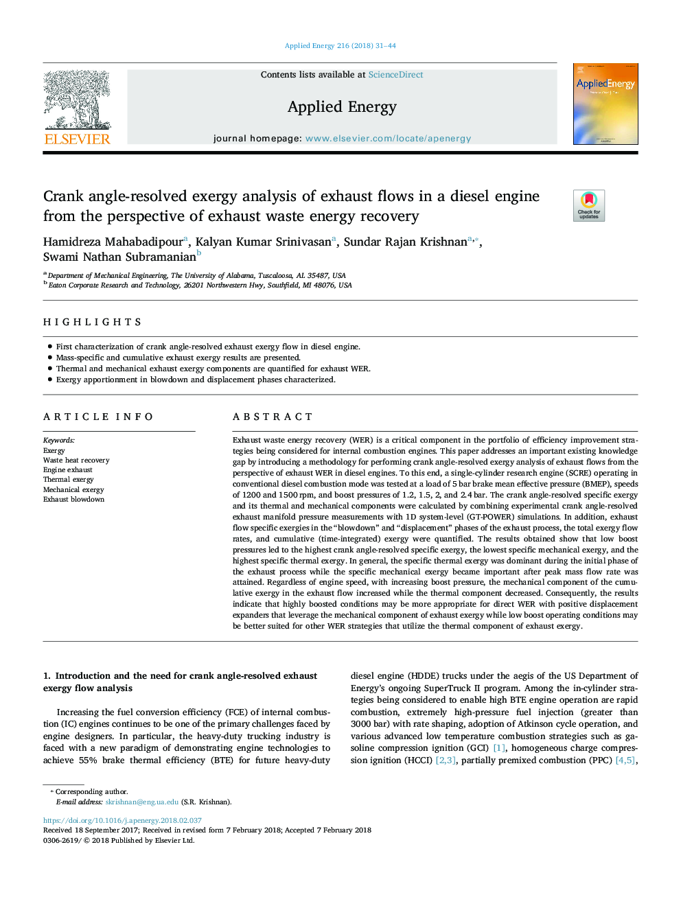 Crank angle-resolved exergy analysis of exhaust flows in a diesel engine from the perspective of exhaust waste energy recovery