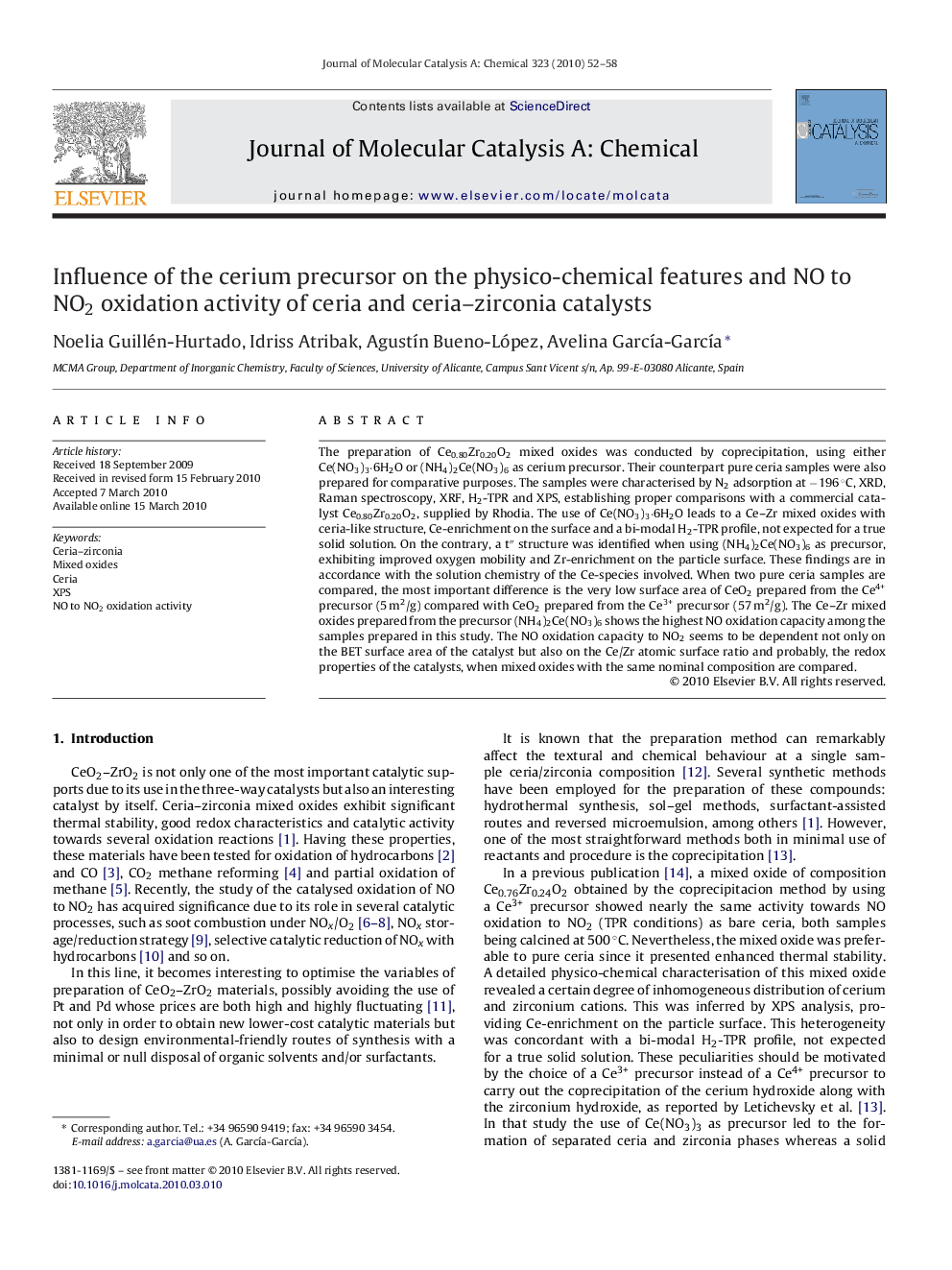 Influence of the cerium precursor on the physico-chemical features and NO to NO2 oxidation activity of ceria and ceria–zirconia catalysts