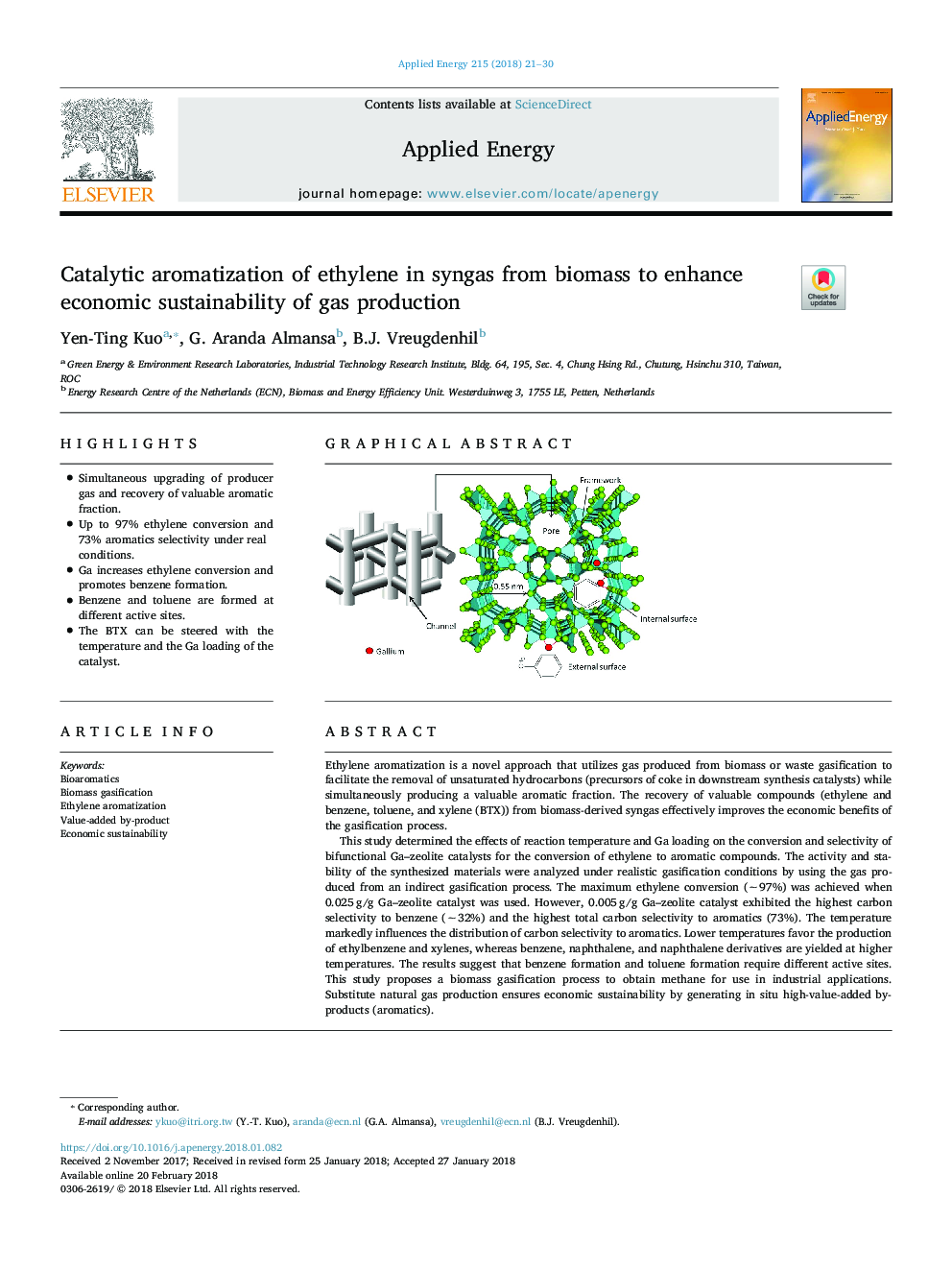 Catalytic aromatization of ethylene in syngas from biomass to enhance economic sustainability of gas production