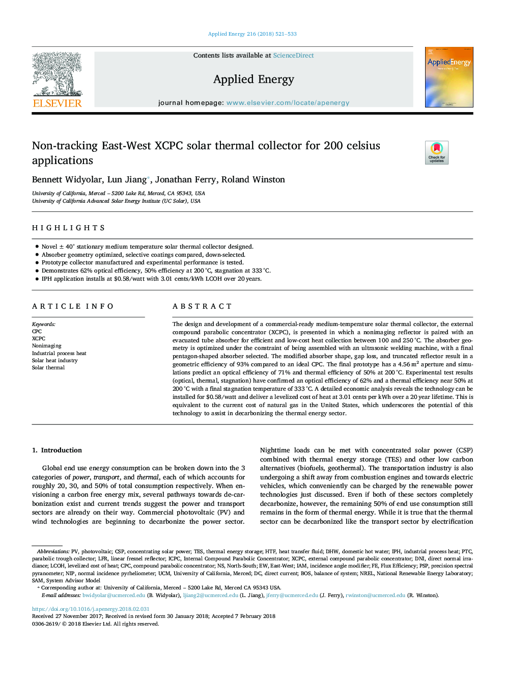 Non-tracking East-West XCPC solar thermal collector for 200 celsius applications