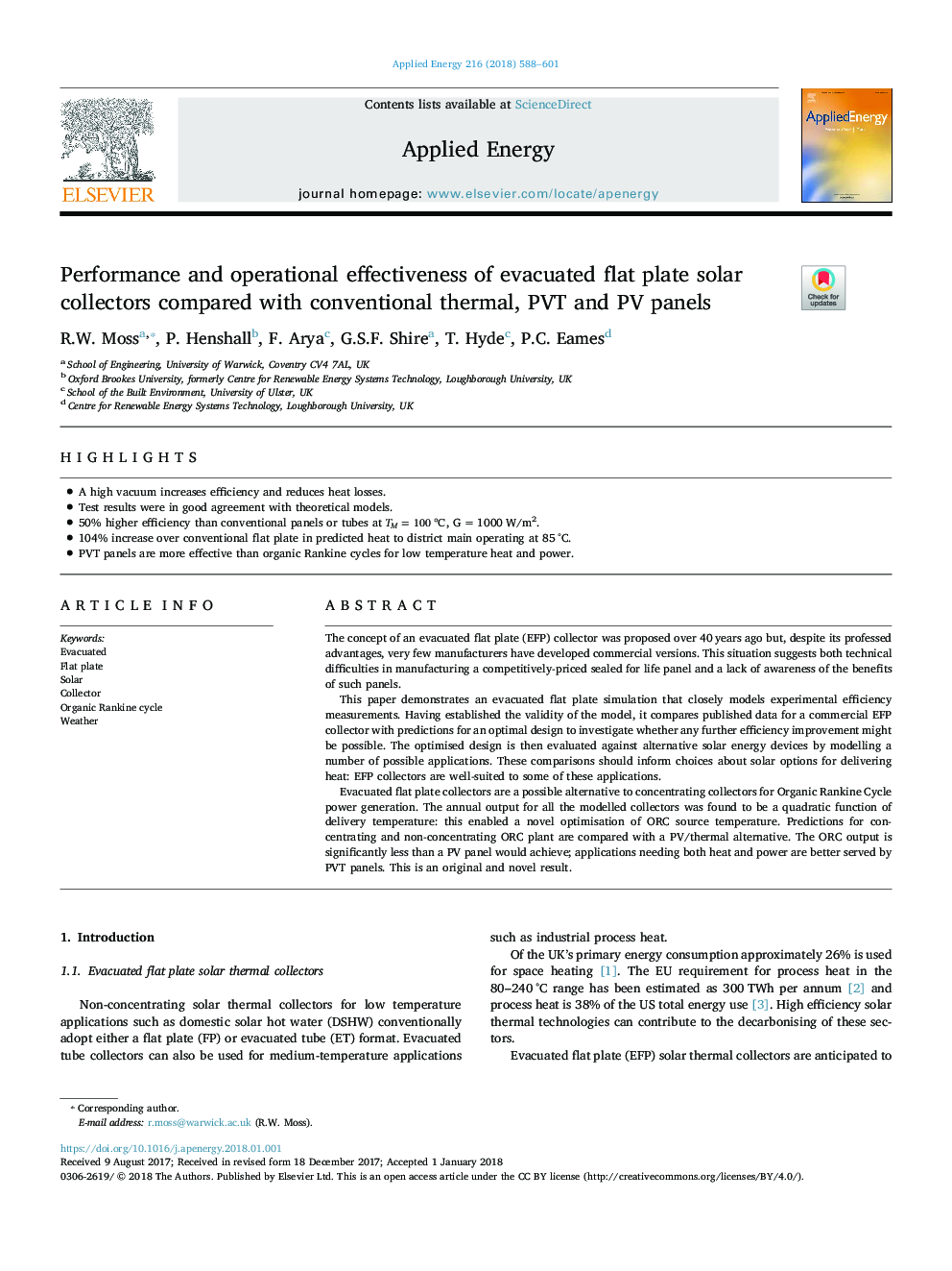 Performance and operational effectiveness of evacuated flat plate solar collectors compared with conventional thermal, PVT and PV panels