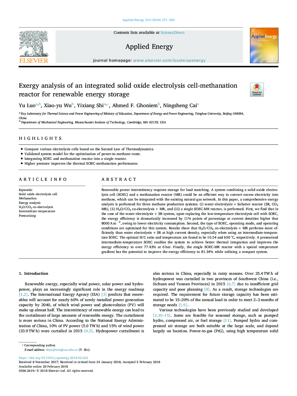 Exergy analysis of an integrated solid oxide electrolysis cell-methanation reactor for renewable energy storage