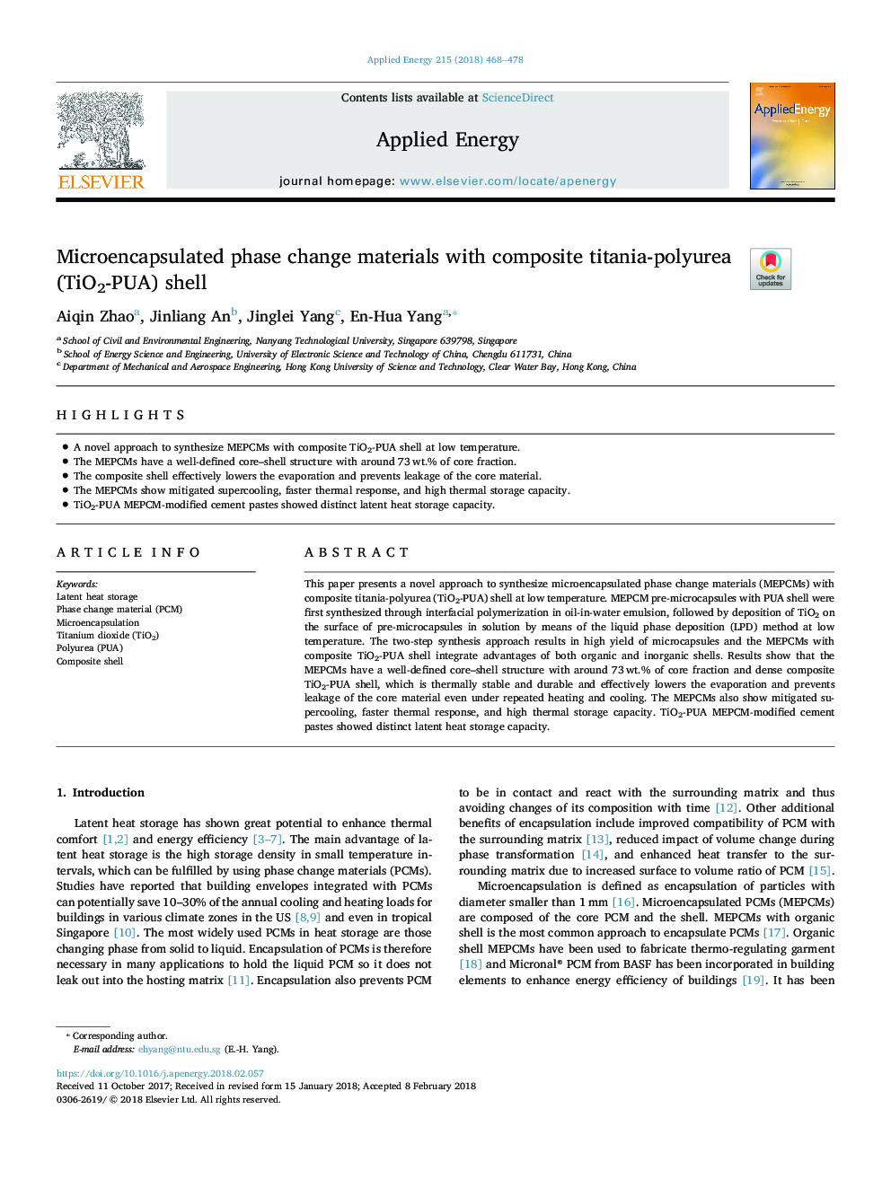 Microencapsulated phase change materials with composite titania-polyurea (TiO2-PUA) shell