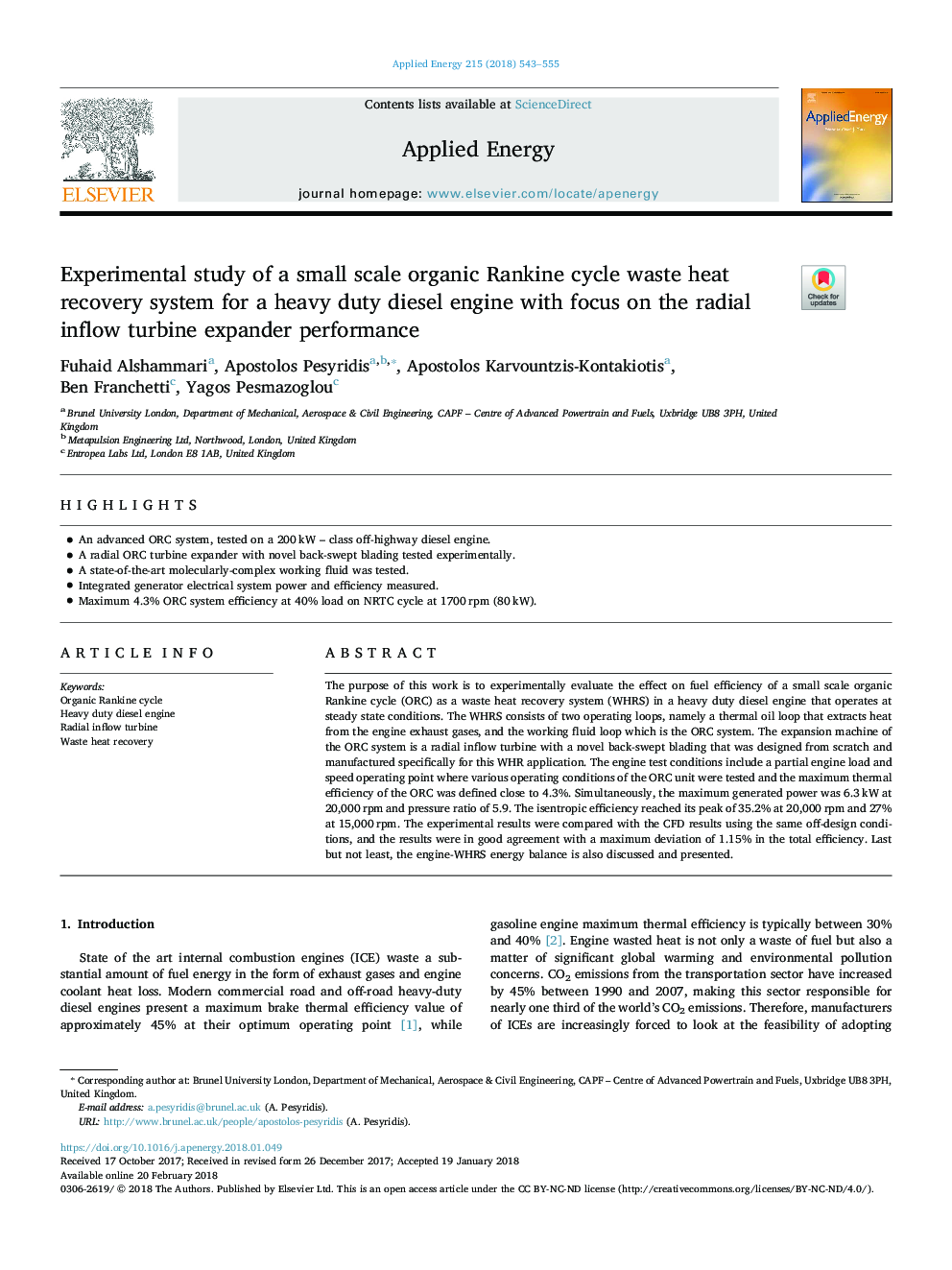 Experimental study of a small scale organic Rankine cycle waste heat recovery system for a heavy duty diesel engine with focus on the radial inflow turbine expander performance