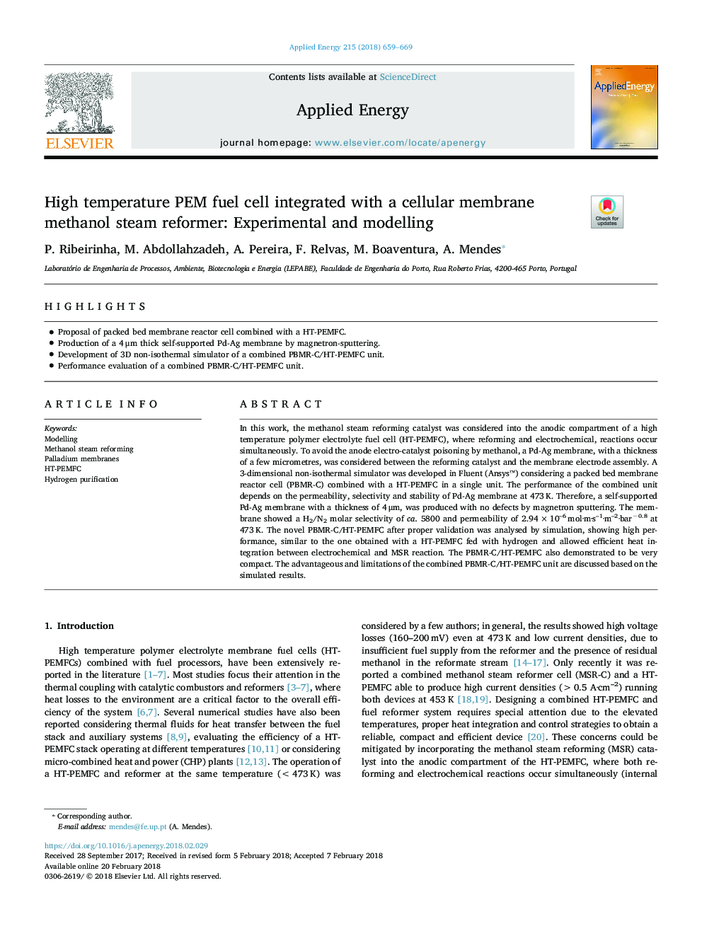 High temperature PEM fuel cell integrated with a cellular membrane methanol steam reformer: Experimental and modelling