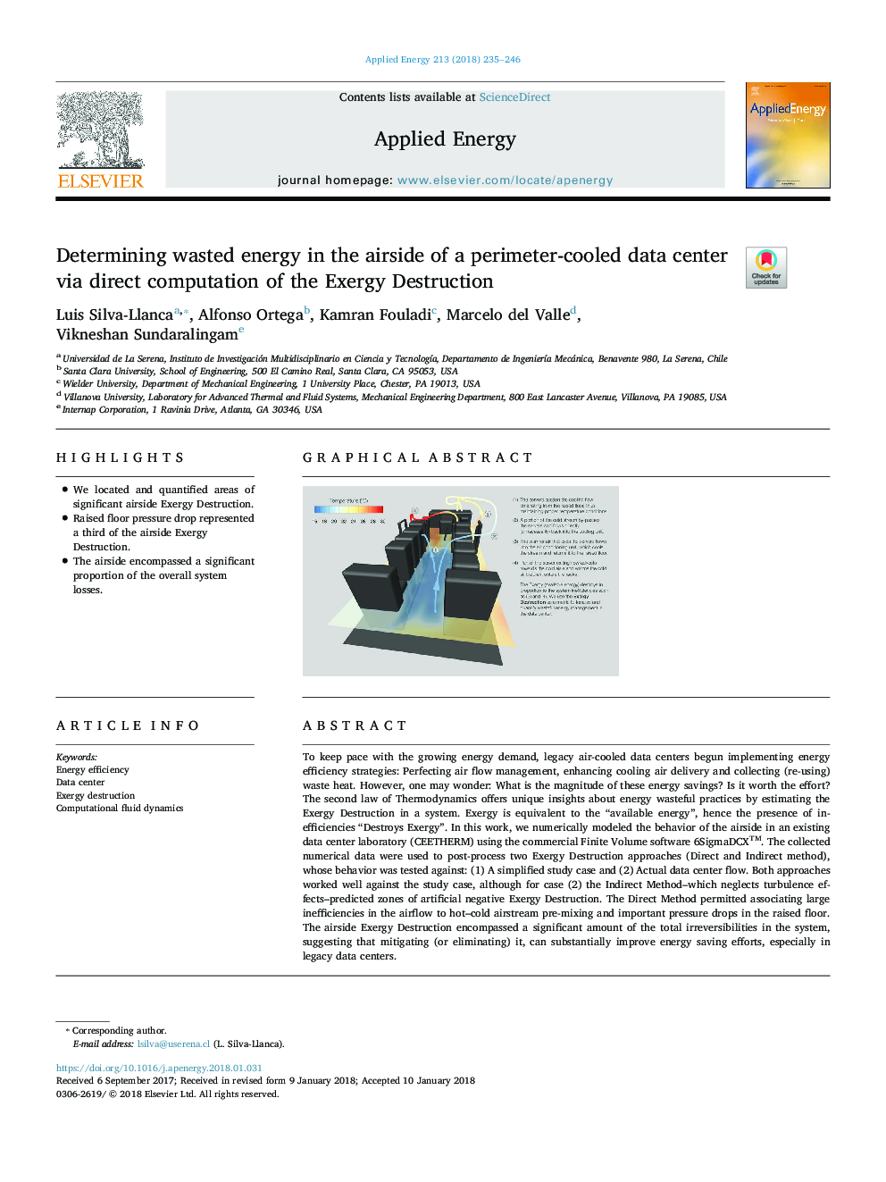 Determining wasted energy in the airside of a perimeter-cooled data center via direct computation of the Exergy Destruction