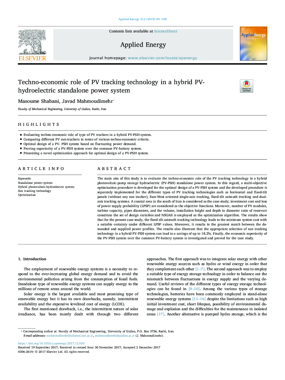 Techno-economic role of PV tracking technology in a hybrid PV-hydroelectric standalone power system