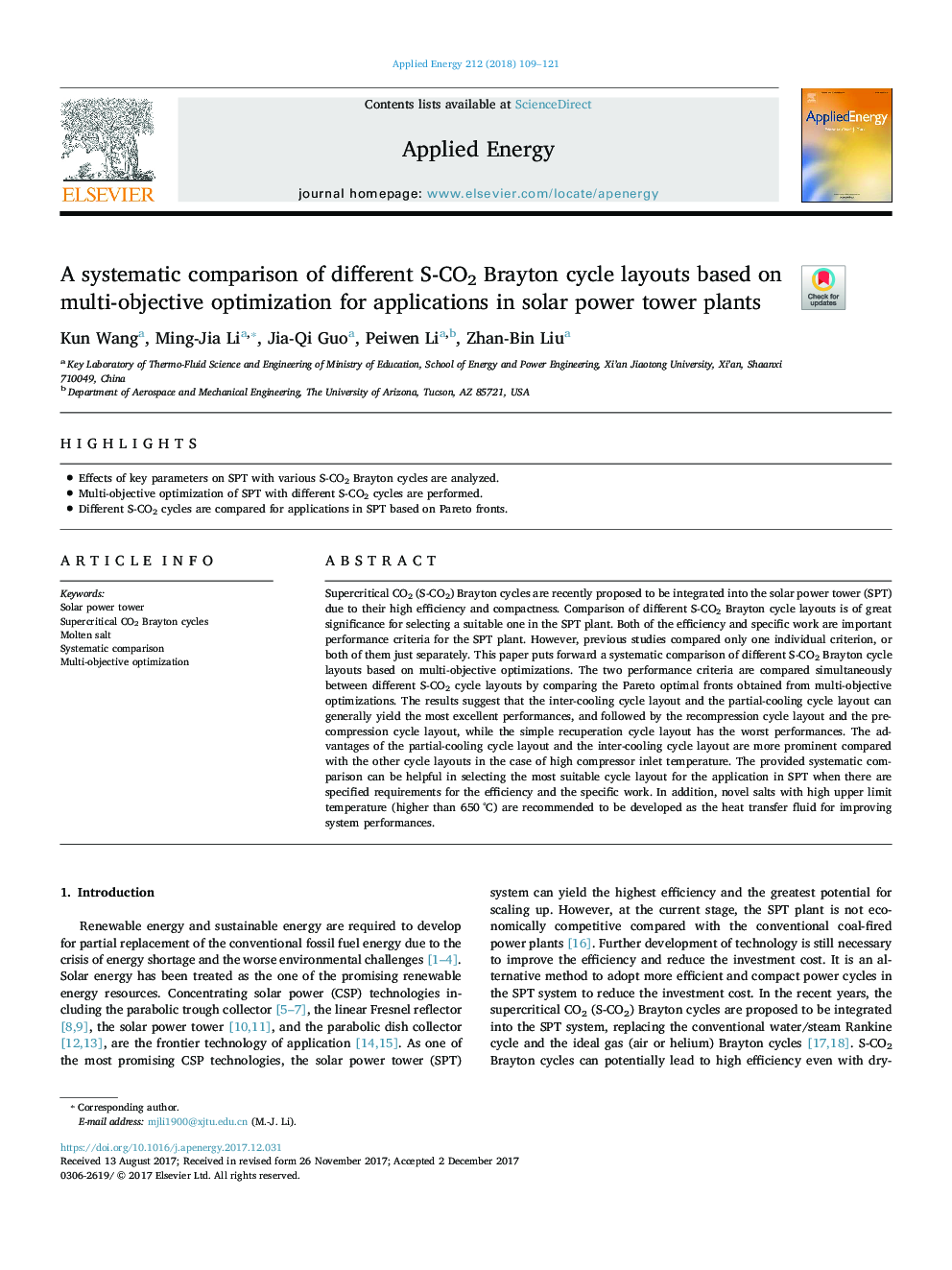 A systematic comparison of different S-CO2 Brayton cycle layouts based on multi-objective optimization for applications in solar power tower plants