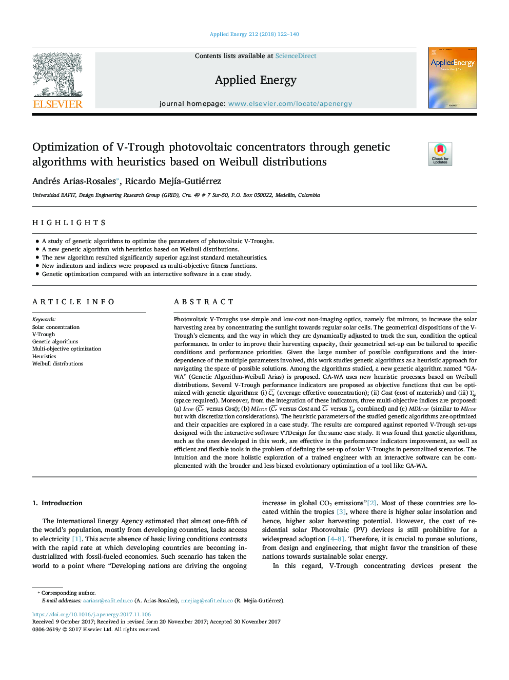 Optimization of V-Trough photovoltaic concentrators through genetic algorithms with heuristics based on Weibull distributions