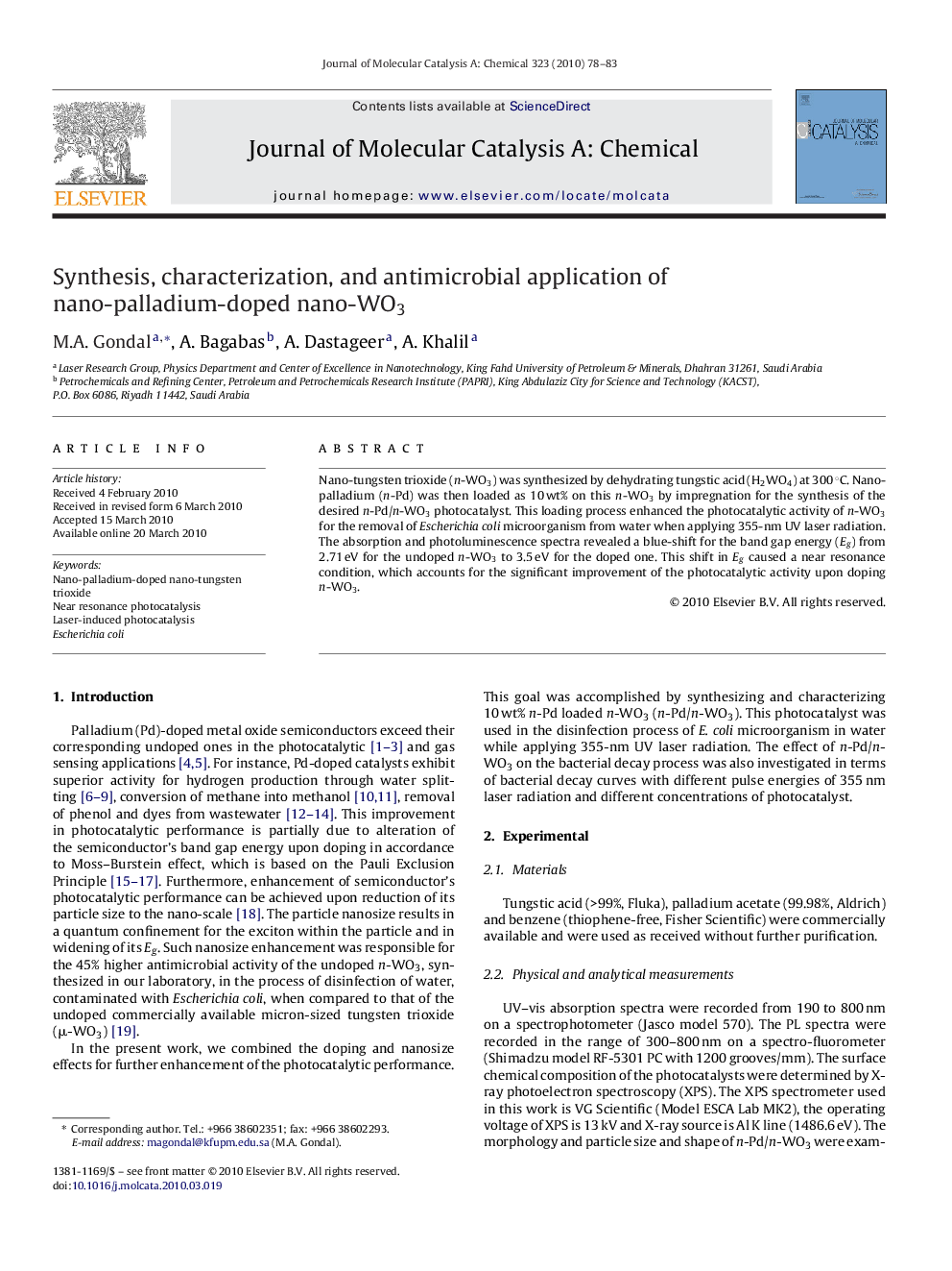 Synthesis, characterization, and antimicrobial application of nano-palladium-doped nano-WO3