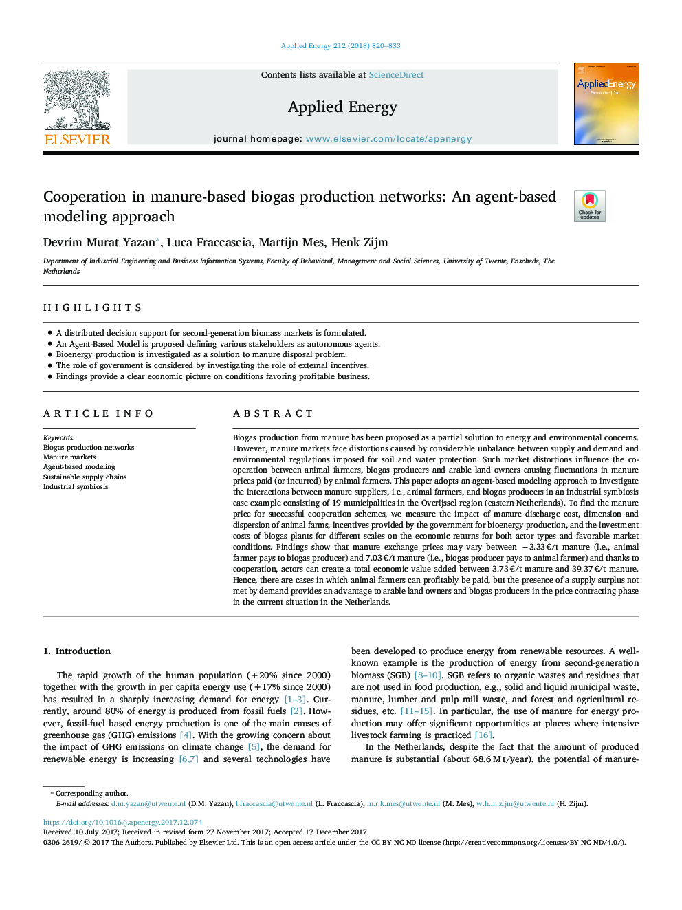 Cooperation in manure-based biogas production networks: An agent-based modeling approach