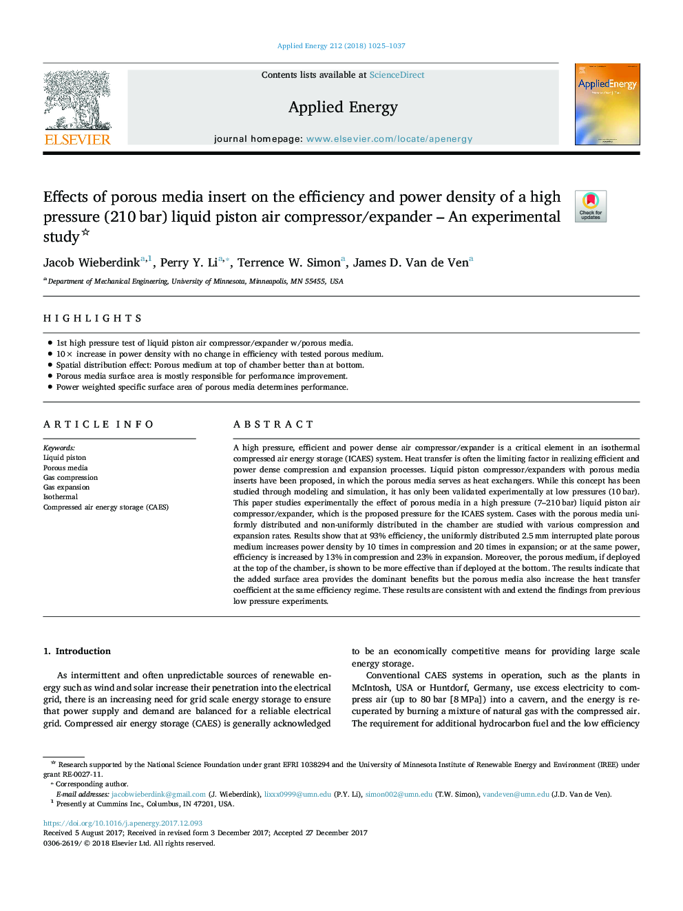Effects of porous media insert on the efficiency and power density of a high pressure (210â¯bar) liquid piston air compressor/expander - An experimental study