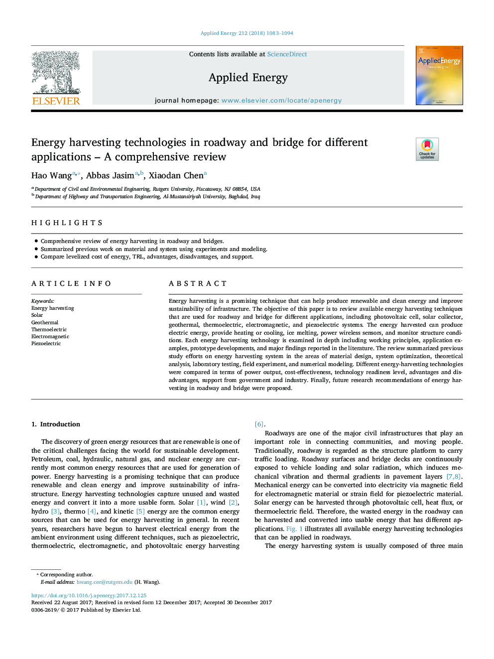 Energy harvesting technologies in roadway and bridge for different applications - A comprehensive review