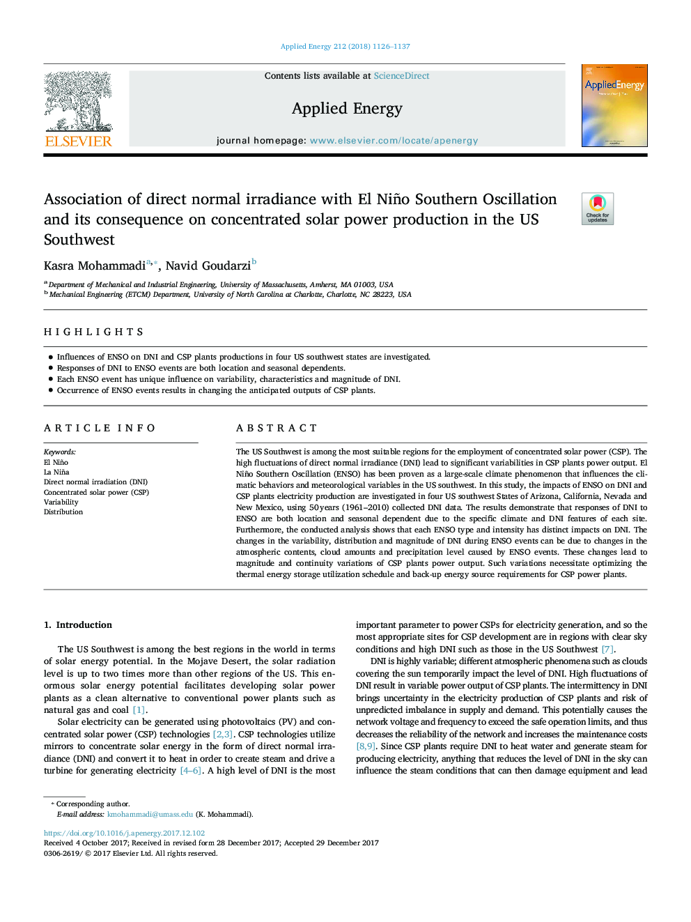 Association of direct normal irradiance with El Niño Southern Oscillation and its consequence on concentrated solar power production in the US Southwest