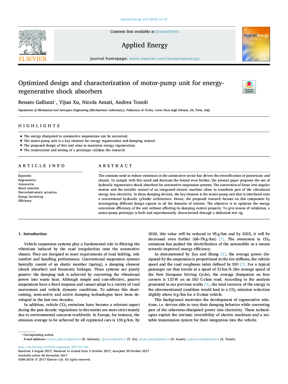 Optimized design and characterization of motor-pump unit for energy-regenerative shock absorbers