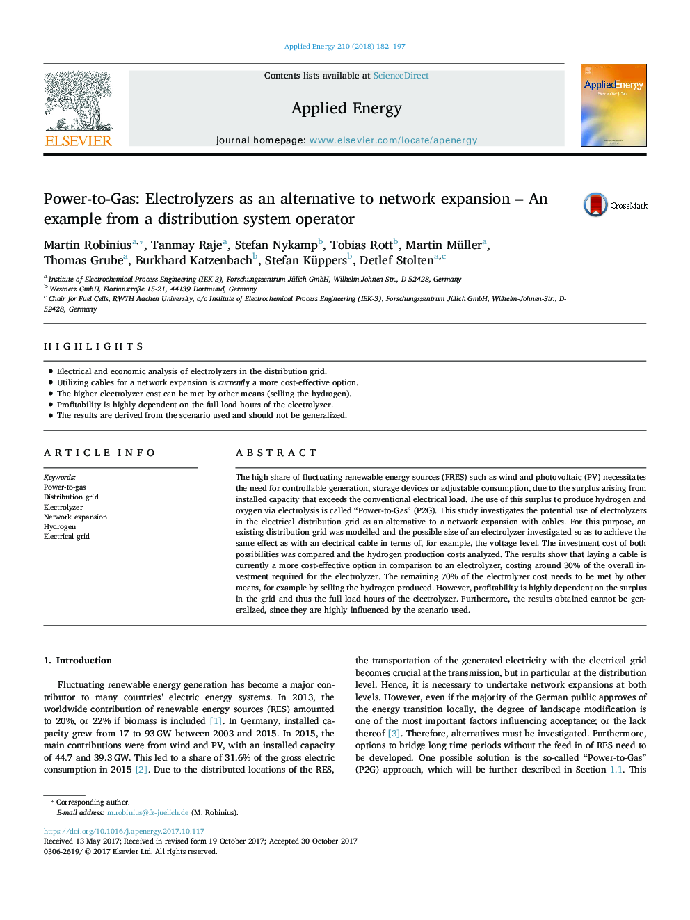 Power-to-Gas: Electrolyzers as an alternative to network expansion - An example from a distribution system operator