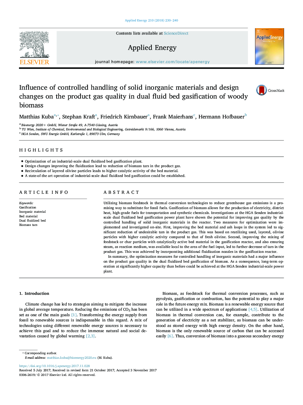 Influence of controlled handling of solid inorganic materials and design changes on the product gas quality in dual fluid bed gasification of woody biomass