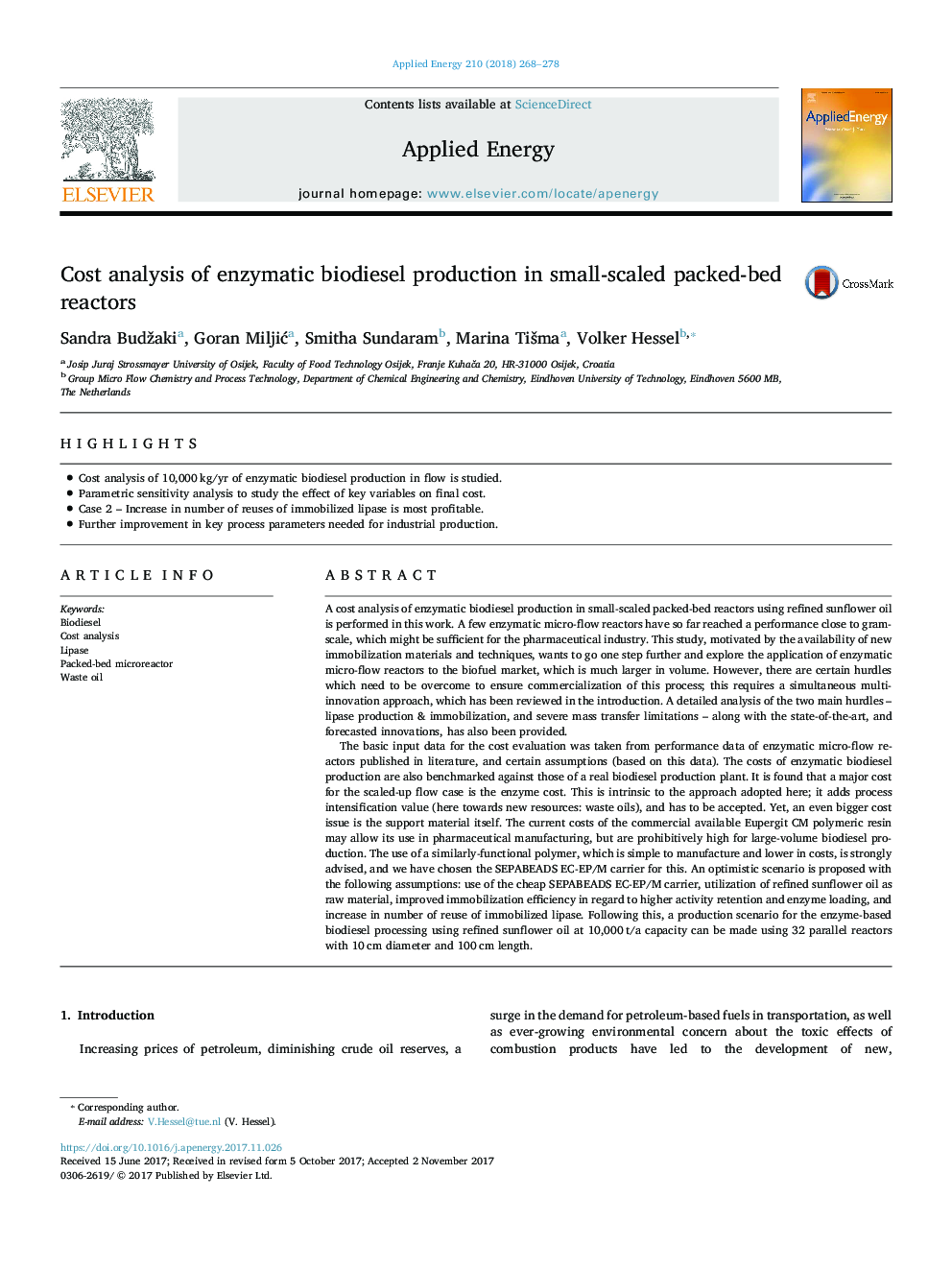 Cost analysis of enzymatic biodiesel production in small-scaled packed-bed reactors