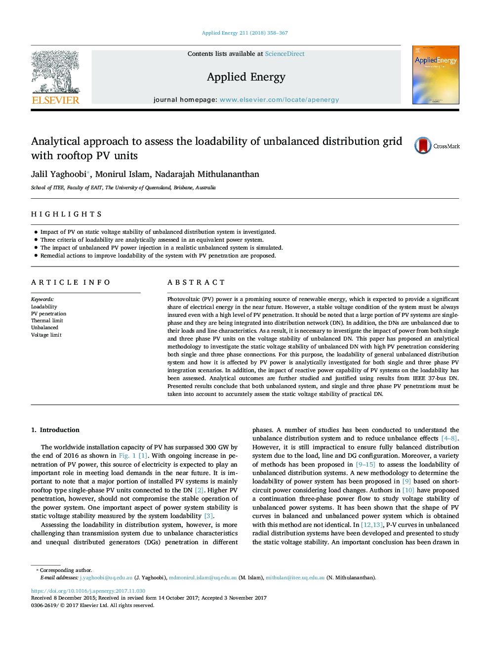 عکس صفحه اول مقاله: Analytical approach to assess the loadability of unbalanced distribution grid with rooftop PV units Analytical approach to assess the loadability of unbalanced distribution grid with rooftop PV units