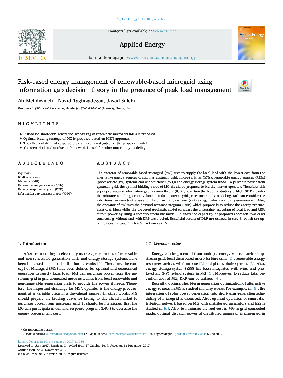عکس صفحه اول مقاله: Risk-based energy management of renewable-based microgrid using information gap decision theory in the presence of peak load management Risk-based energy management of renewable-based microgrid using information gap decision theory in the presence of peak load management