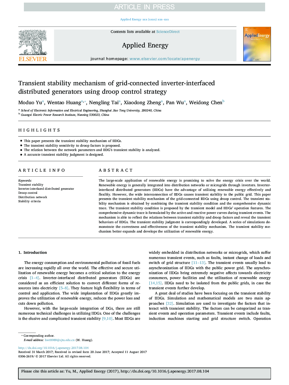 Transient stability mechanism of grid-connected inverter-interfaced distributed generators using droop control strategy